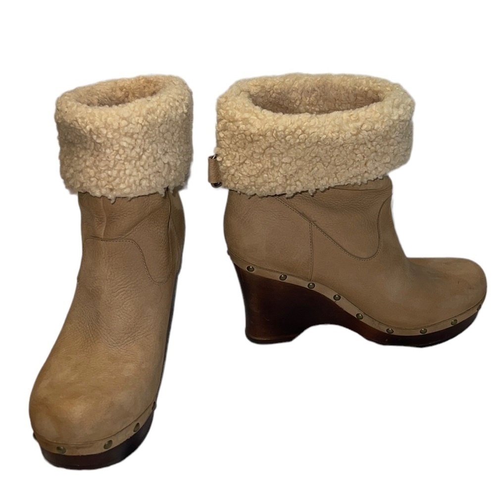 Ugg Carnegie Beige Nubuck Shearling Lined Wedge Boots Size 10 GUC - Picture 3 of 15